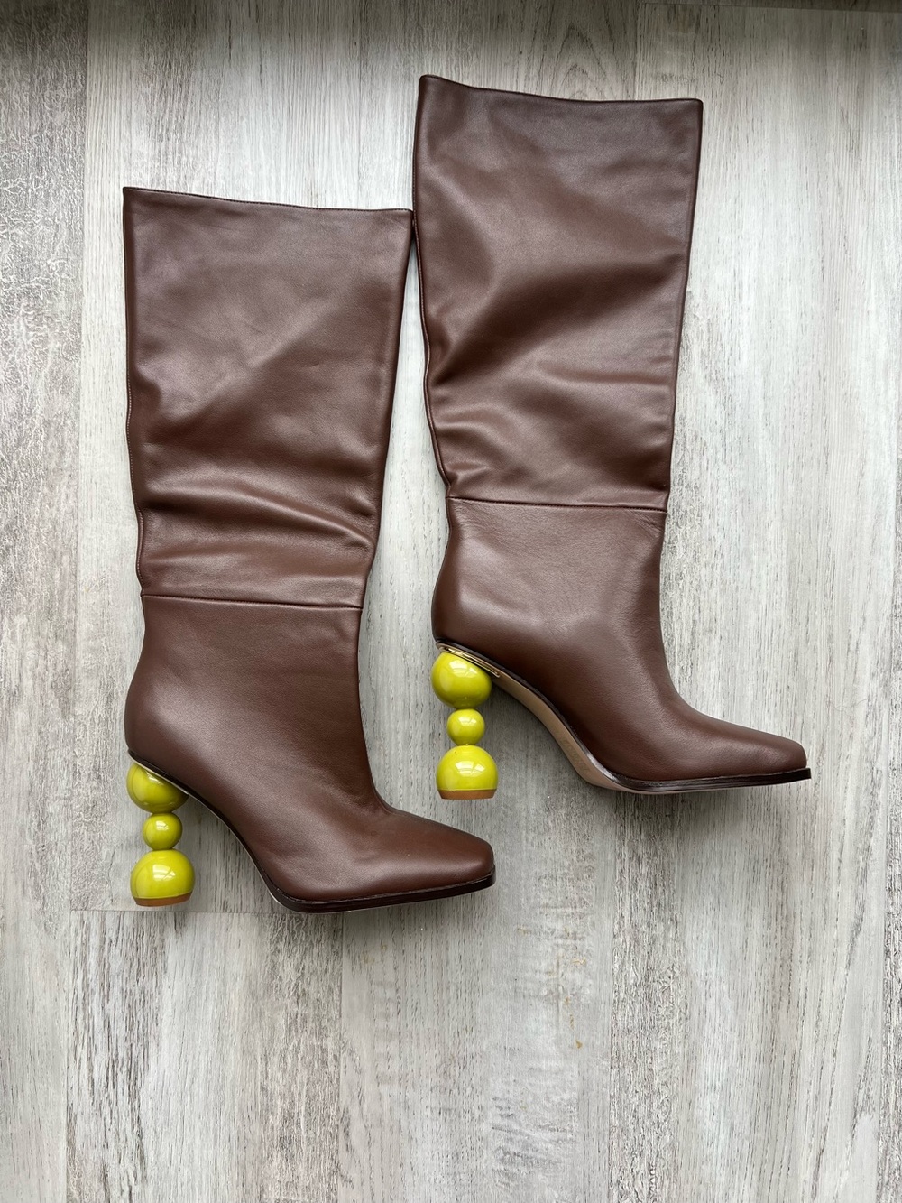 REVOLVE Brown Knee-High Boots with Yellow Sculptural Heel